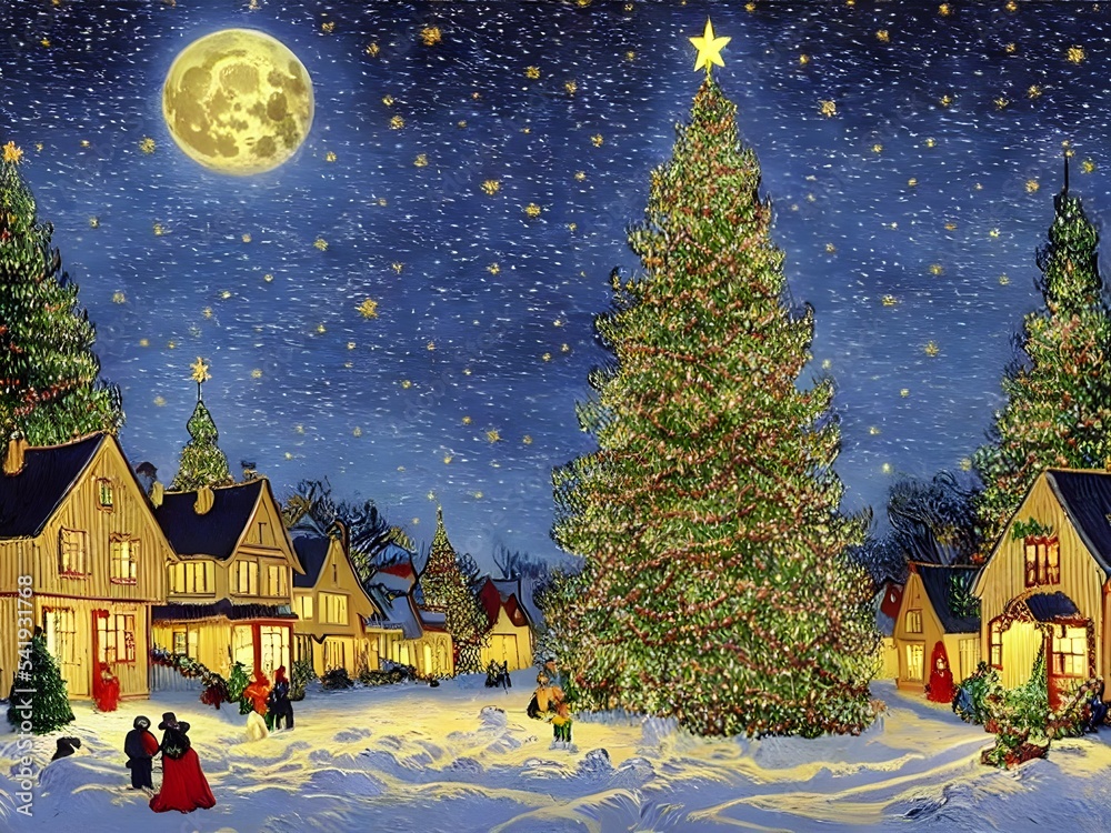 Fototapeta premium Cute cozy Village with Christmas tree 3d illustration, 3d render