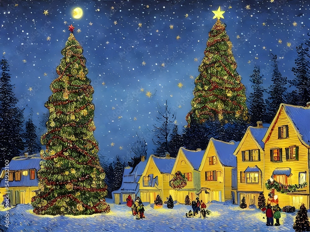 Cute cozy Village with Christmas tree 3d illustration, 3d render Cute cozy Village with Christmas tree 3d illustration, 3d render