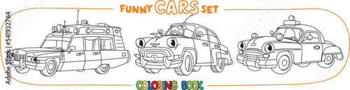 Funny small retro cars with eyes coloring book set