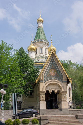 Russian Church (Church of St Nicholas the Miracle-Maker) with car parked in street, Sofia, Bulgaria