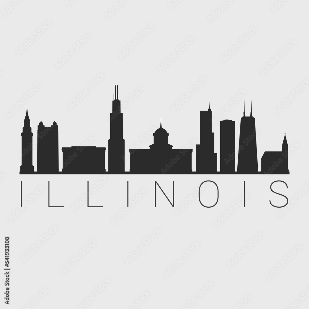 Illinois, USA City Skyline. Silhouette Illustration Clip Art. Travel Design Vector Landmark Famous Monuments.