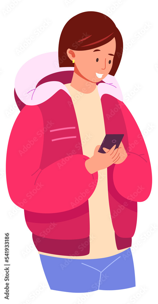 Girl in winter clothes using smartphone. Digital addict outdoors Girl in winter clothes using smartphone. Digital addict outdoors