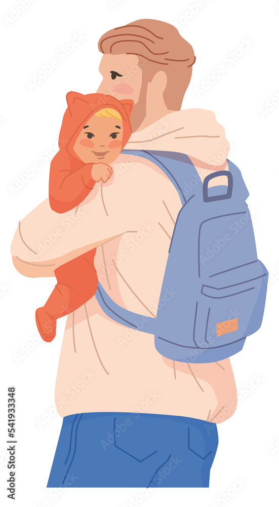 Man with backpack holding baby. Dad walking with toddler Man with backpack holding baby. Dad walking with toddler