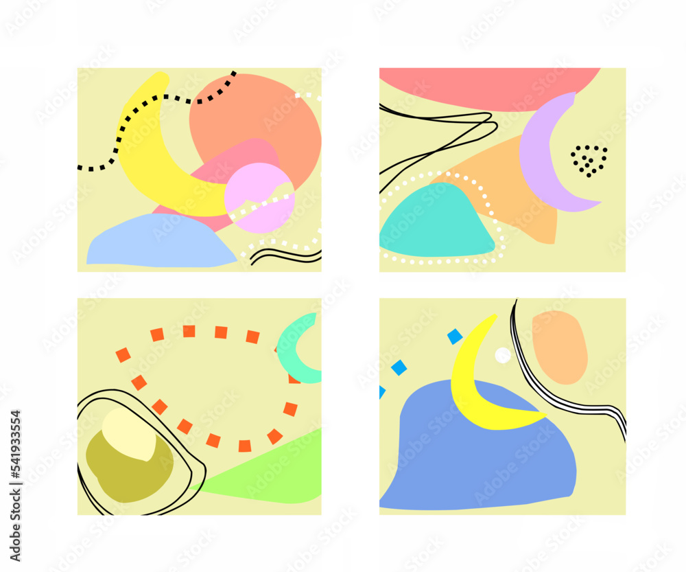 Set of four abstract backgrounds. Hand drawn various doodle shapes and objects. Modern contemporary trendy vector illustration. Each background is isolated. pastel colors
