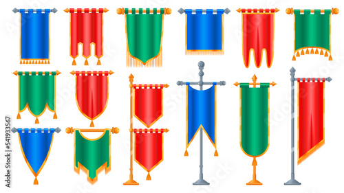 Fantasy flags. Cartoon hanging vintage medieval decoration, ancient knight flagstaff with kingdom heraldic emblem for video game assets. Vector set