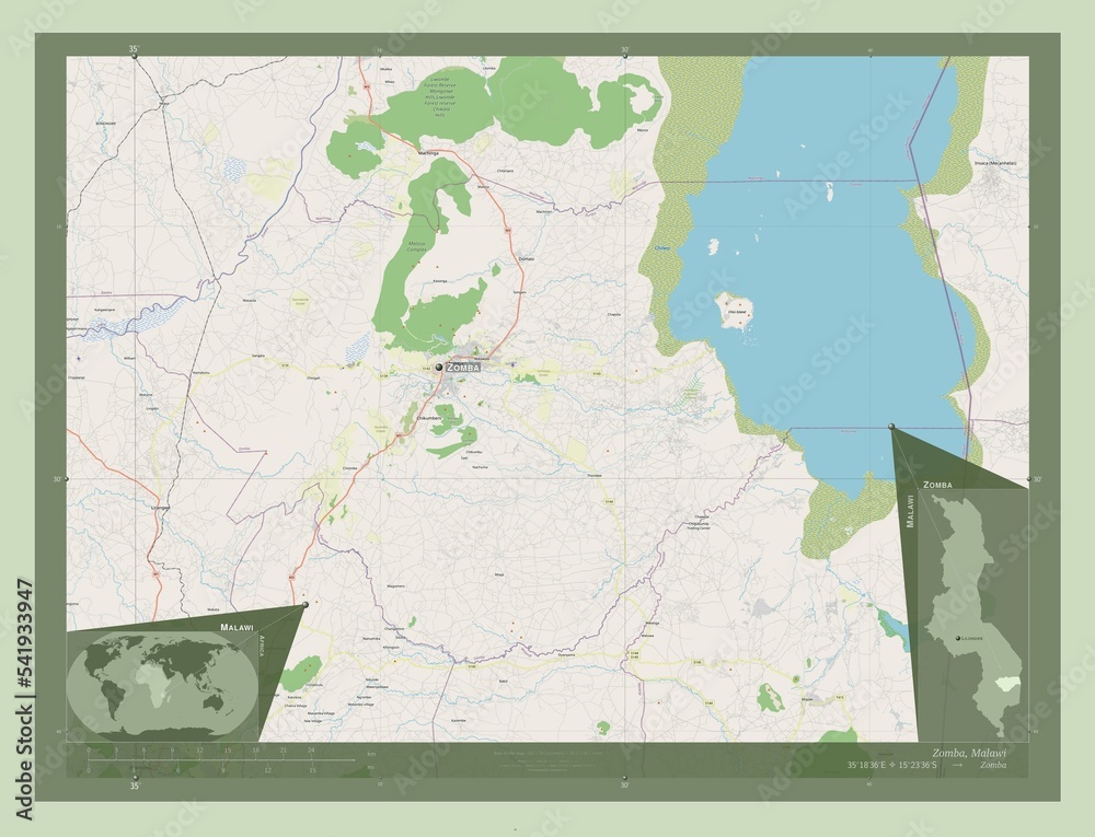 Fototapeta premium Zomba, Malawi. OSM. Labelled points of cities