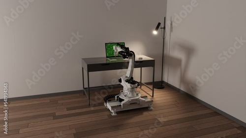 Robot Arm Working on Computer Instead of Human.
Robot arm working with artificial intelligence that replaces human at computer.