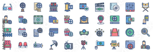 Collection of icons related to Cinema and movie theater, including icons like Award, Director, Film and more. vector illustrations, Pixel Perfect set