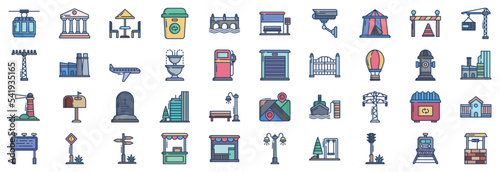 Collection of icons related to City Life, including icons like Bank, Bridge, Bridge and more. vector illustrations, Pixel Perfect set