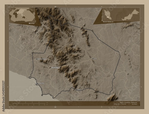 Negeri Sembilan, Malaysia. Sepia. Labelled points of cities