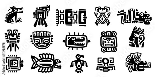 Mexican gods symbols. Abstract aztec animal bird totem idols, ancient inca maya civilization primitive traditional signs. Vector collection photo