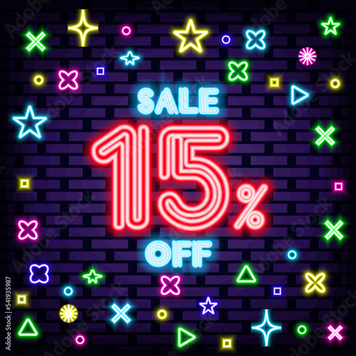 Sale 15% off Badge in neon style. On brick wall background. Neon text. Bright colored vector. Vector Illustration