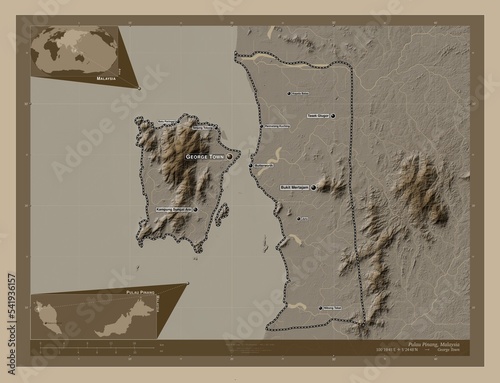 Pulau Pinang, Malaysia. Sepia. Labelled points of cities