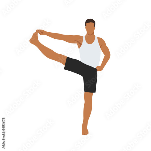 Man doing Standing Hand to Big Toe Pose. Practice Utthita Hasta Padangusthasana. Flat vector illustration isolated on white background