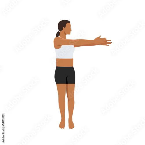 Woman doing Standing Spinal Twist Pose l. Beautiful girl practice Katichakrasana l. Flat vector illustration isolated on white background