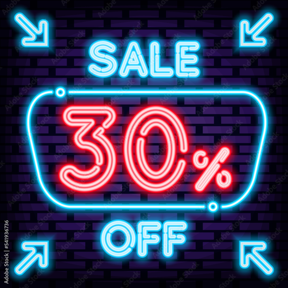 Sale 30% off Neon sign. Glowing with colorful neon light. Night bright advertising. Design element. Vector Illustration Sale 30% off Neon sign. Glowing with colorful neon light. Night bright advertising. Design element. Vector Illustration