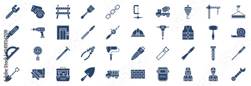 Collection of icons related to Construction tools, including icons like Spanner, Barrier, Chain and more. vector illustrations, Pixel Perfect set
