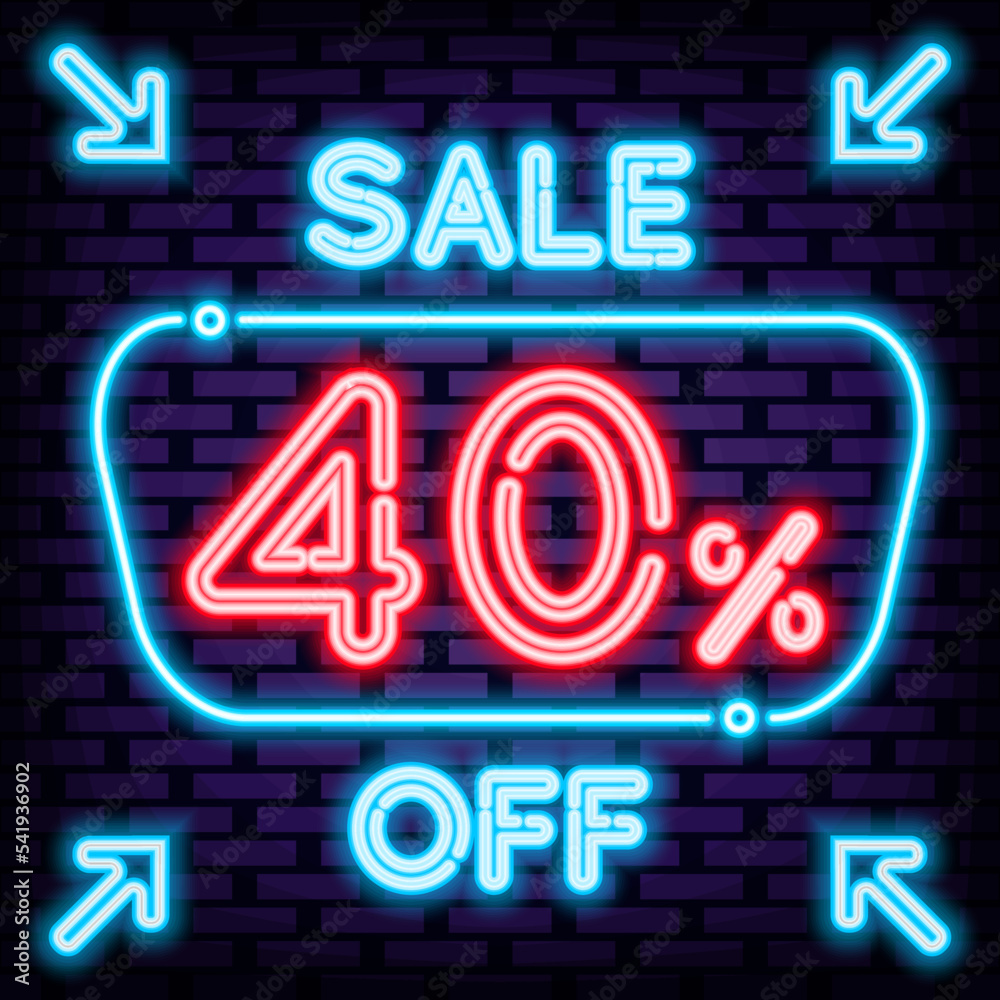 Sale 40% off Neon Sign Vector. Neon script. Night bright advertising. Isolated on black background. Vector Illustration Sale 40% off Neon Sign Vector. Neon script. Night bright advertising. Isolated on black background. Vector Illustration