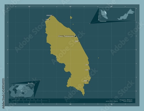 Trengganu, Malaysia. Solid. Labelled points of cities