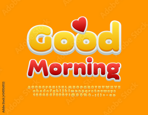 Vector colorful card Good Morning. Cute Yellow 3D Font. Creative Alphabet Letters and Numbers set