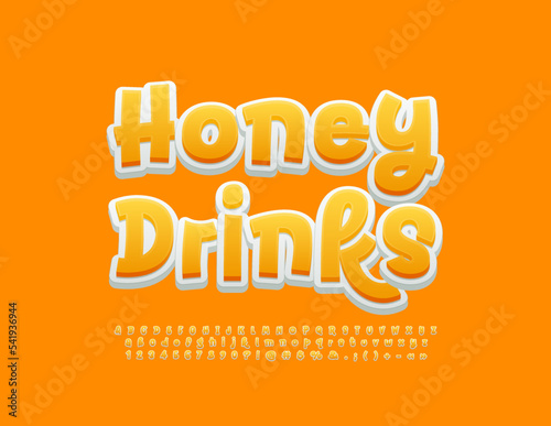 Vector artistic Sign Honey Drinks. Handwritten Yellow Font. Funny Alphabet Letters and Numbers
