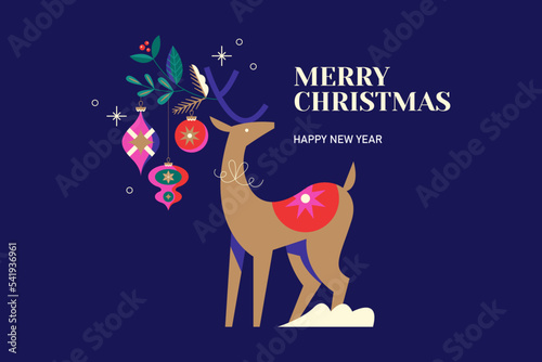 Christmas greeting card design with reindeer and decorations. Template background for social media, greeting card, party invitation or website marketing. Vector illustration