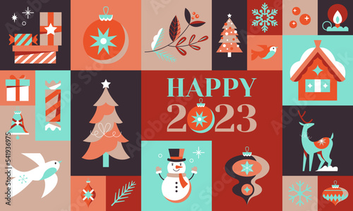 Christmas banner design with creative modern icons for decoration. Template background for social media, greeting card, party invitation or website marketing. Vector illustration
