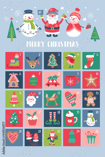 Christmas cute advent calendar. Childish print for greeting cards and stickers. Vector Illustration