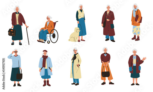 Senior women. Old mature female characters cartoon style, elderly grandma portraits wearing fashionable casual clothing, positive retired ladies. Vector set