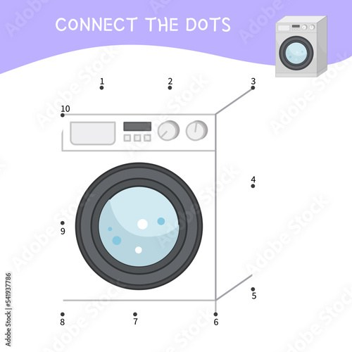 Educational game for kids. Dot to dot game for children. Cartoon washing machine.