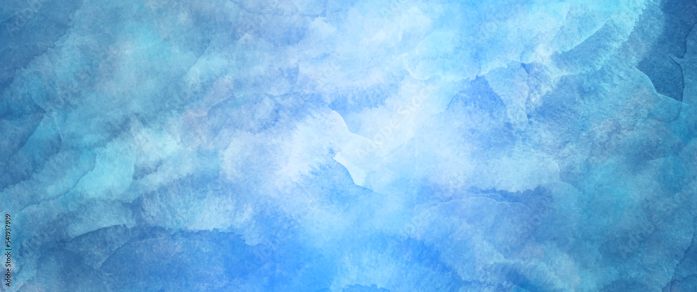 Blue watercolor vector art background for cover design, cards, flyer, poster, banner. Hand drawn Christmas illustration for your design. Blue watercolour texture. Clouds. Sky. Abstract backdrop.	
