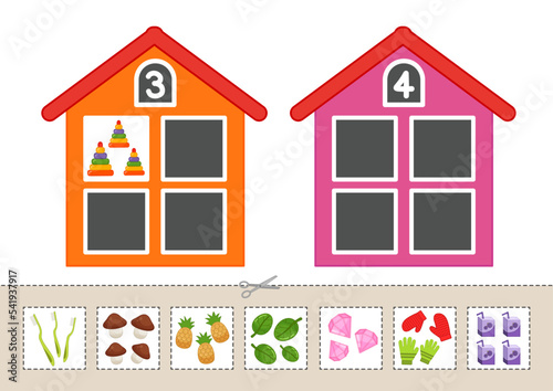 Education paper game for preshool children. Cut and glue into the correct houses. Counting game.
