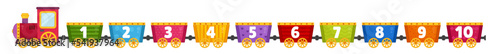 Vector illustration of a cartoon steam locomotive carries multi-colored wagons with numbers.
