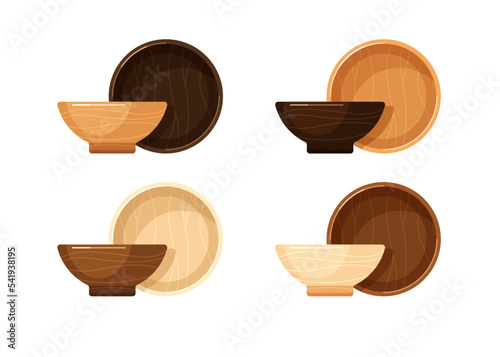 Empty wooden bowls, deep plates or dishes for soup, garnish and salad. Vector cartoon set of kitchen tableware, eco friendly utensil made from different types of wood isolated on white background