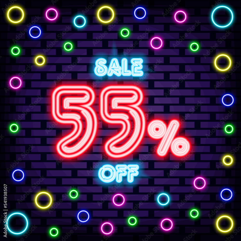 Sale 55% off Neon quote. Bright signboard. Night advensing. Modern trend design. Vector Illustration