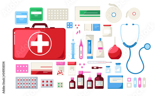Medicines. First aid kit medical tools pills stethoscope syringe thermometer flask disposable gloves bandage, cartoon pharmacy instruments. Vector set