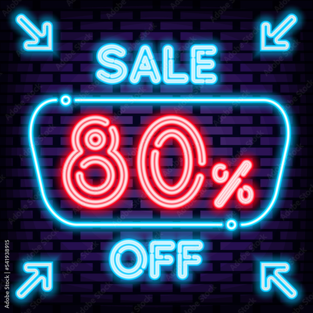 Sale 80% off Neon Sign Vector. On brick wall background. Night advensing. Bright colored vector. Vector Illustration Sale 80% off Neon Sign Vector. On brick wall background. Night advensing. Bright colored vector. Vector Illustration