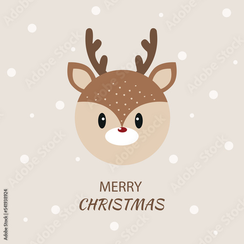 Cute deer on beige background with snowflakes. Image for Christmas card. Cartoon vector illustration.