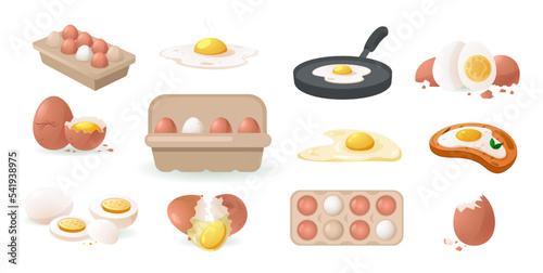 Cartoon chicken eggs. Cooked boiled fried egg with yellow yolk cracked eggshell protein, delicious organic ingredients for healthy breakfast. Vector set