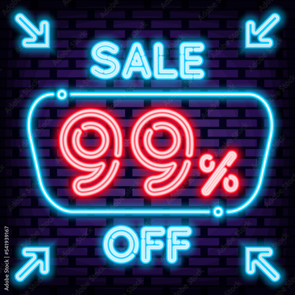 Sale 99% off Neon quote. Neon script. Night advensing. Design element. Vector Illustration Sale 99% off Neon quote. Neon script. Night advensing. Design element. Vector Illustration