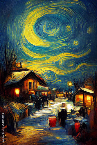 winter scene in style of Van Gogh , digital painting art,  © Coka