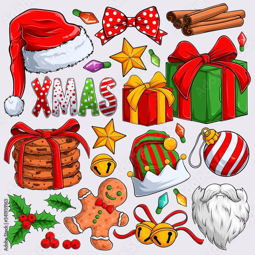 Colorful Christmas elements set Santa Claus beard, elf hat, cookies, gifts, gingerbread man and more