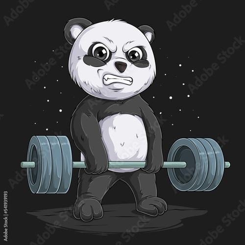 Hand drawn weightlifting panda, struggling panda practicing deadlift with a big weight barbell