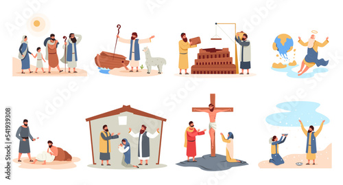 Christians stories. Holy bible parable and characters cartoon flat style, christian religious scenes with God messiah prayer Noah prophet. Vector collection