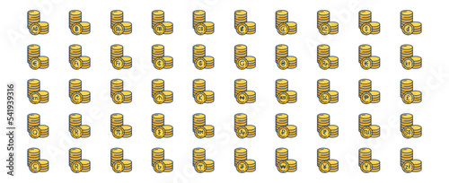 
Collection of icons related to Currency coins, including icons like Dollar, Euro, Yen,  and more. vector illustrations, Pixel Perfect set