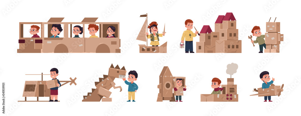 Cardboard games. Cute cartoon kids playing boxes building paper carton  castle, boy girl characters with handmade toys. Vector collection Stock  Vector | Adobe Stock
