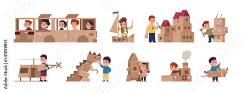 Cardboard games. Cute cartoon kids playing boxes building paper carton castle, boy girl characters with handmade toys. Vector collection