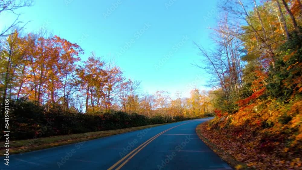 driving down the Blue Ridge Parkway, North Carolina on sunny autumn day. Vibrant fall park forest driving down the Blue Ridge Parkway, North Carolina on sunny autumn day. Vibrant fall park forest