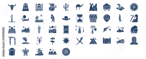 Collection of icons related to Desert, including icons like Animal Skull, Bedouin, Cactus, Camel and more. vector illustrations, Pixel Perfect set
