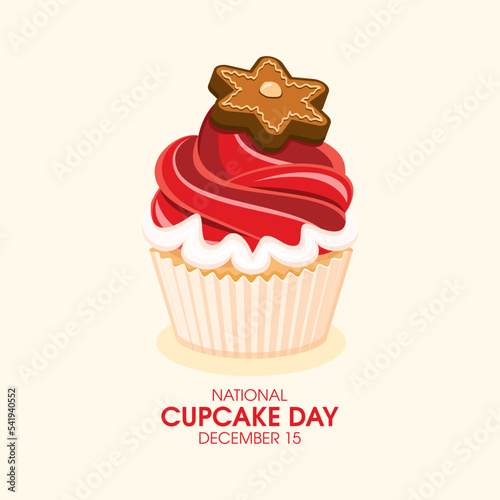 National Cupcake Day on December 15 vector. Christmas red cupcake with gingerbread on top icon vector. December 15 each year. Important day